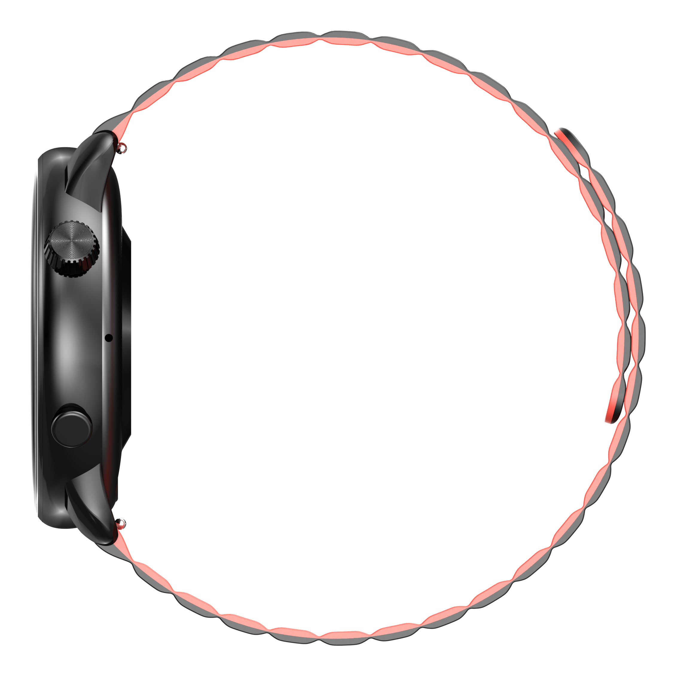 Orologio smart nero con cinturino rosso e grigio attorcigliato.