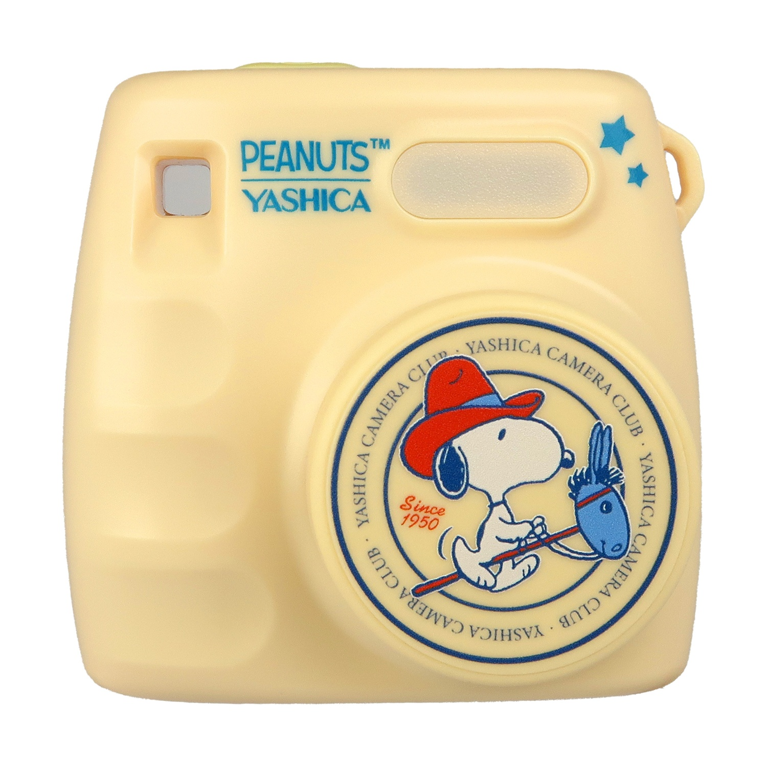 Una fotocamera gialla con Snoopy a cavallo di un cavallo a dondolo. Logo Peanuts e Yashica.