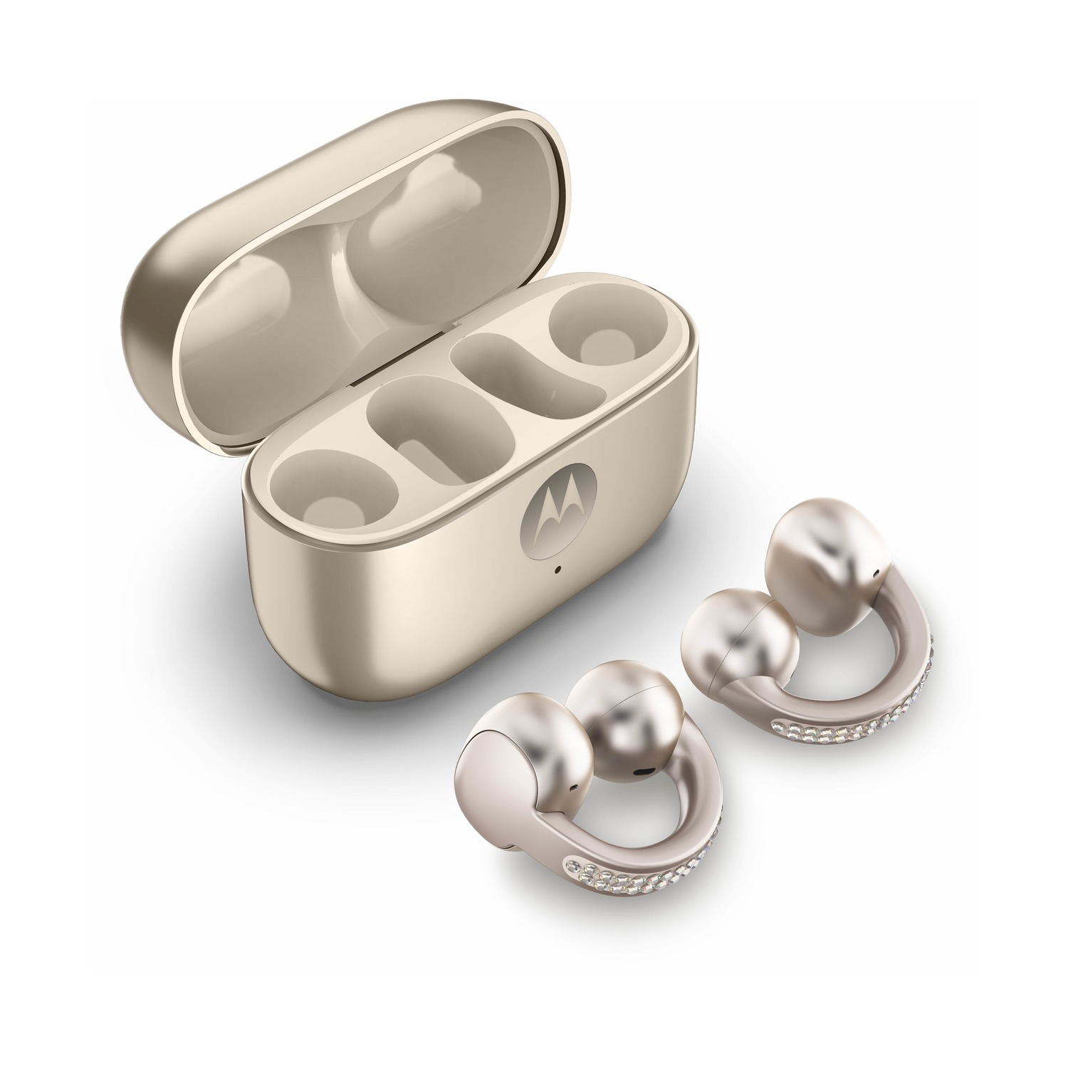Złote słuchawki Motorola z etui ładującym i cyrkoniami.