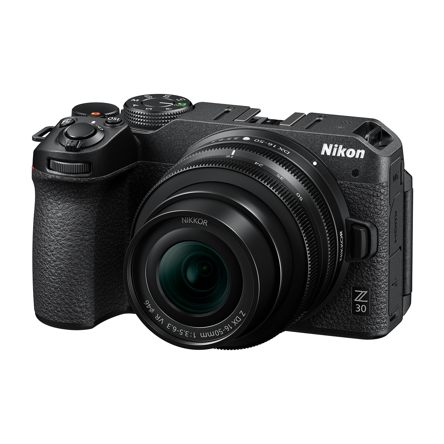 Una fotocamera Nikon Z 30 nera con obiettivo NIKKOR 16-50mm.