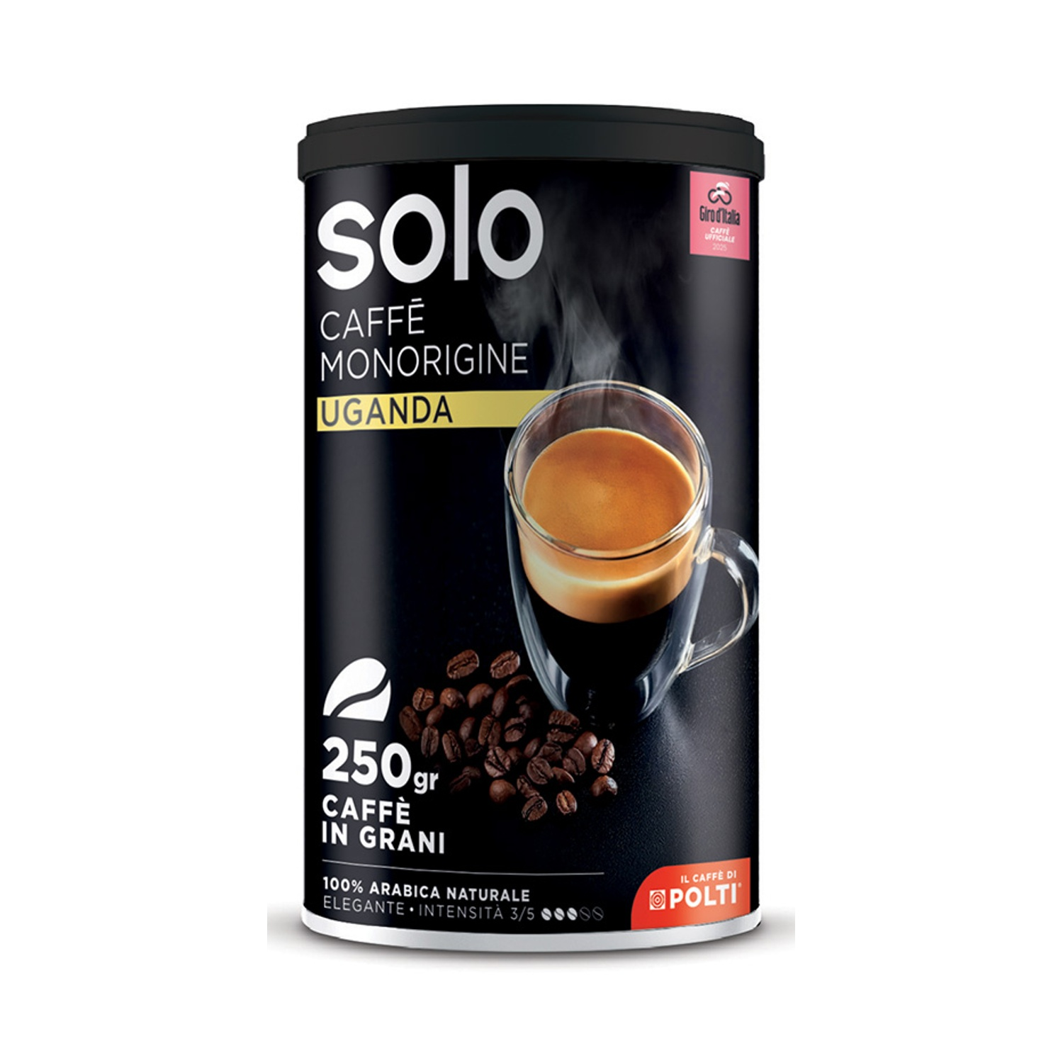 Lattina di caffè Solo con tazza da espresso e chicchi. Nera con testo giallo.