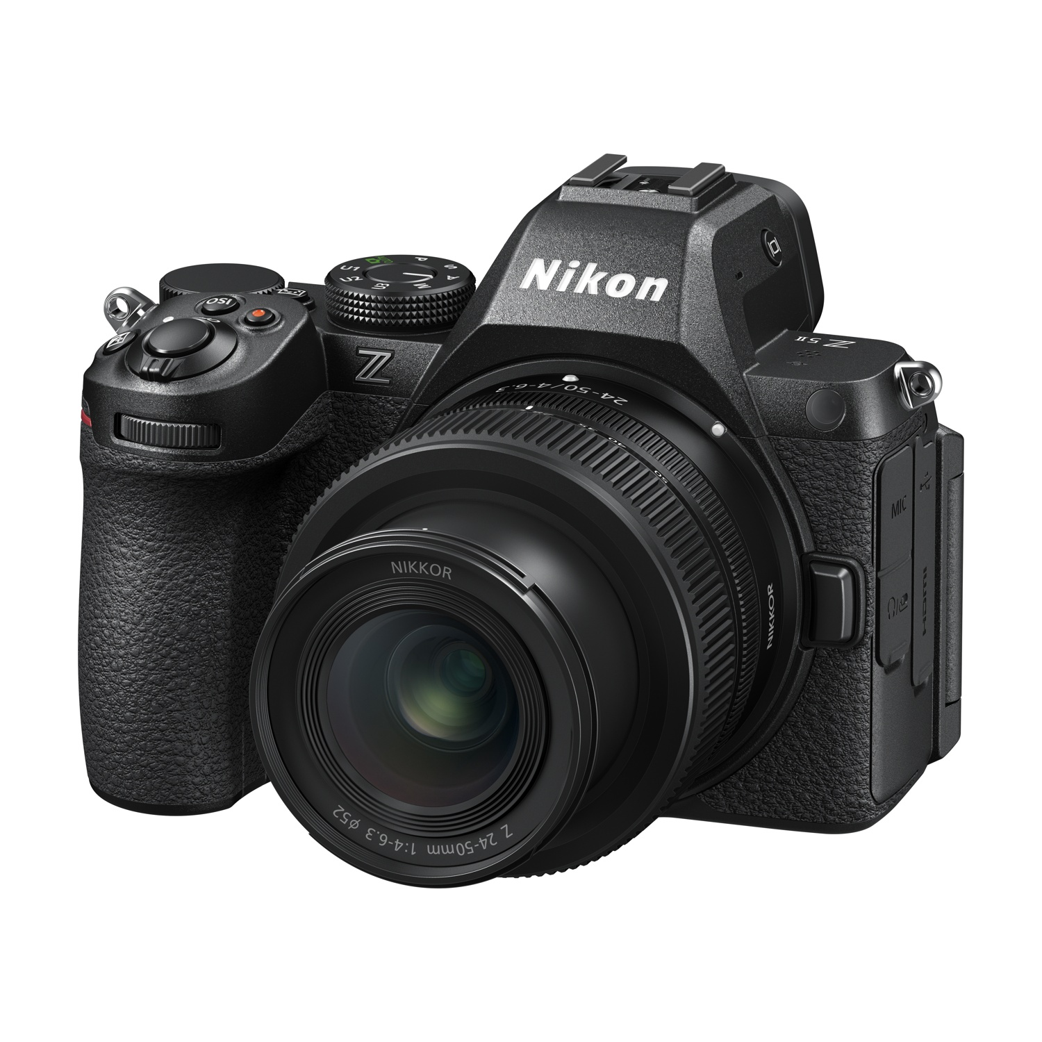 Cámara Nikon Z negra con objetivo NIKKOR Z 24-50mm sobre fondo blanco.