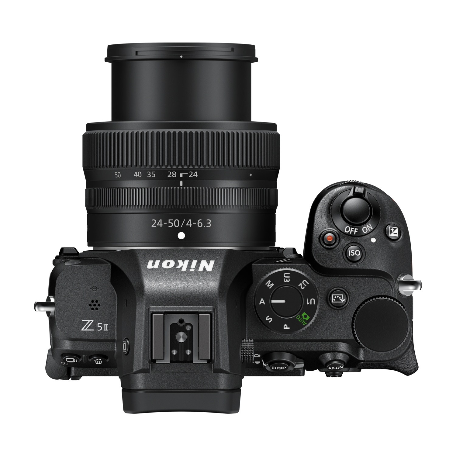 Una fotocamera Nikon Z5II nera con obiettivo 24-50mm, vista dall'alto.
