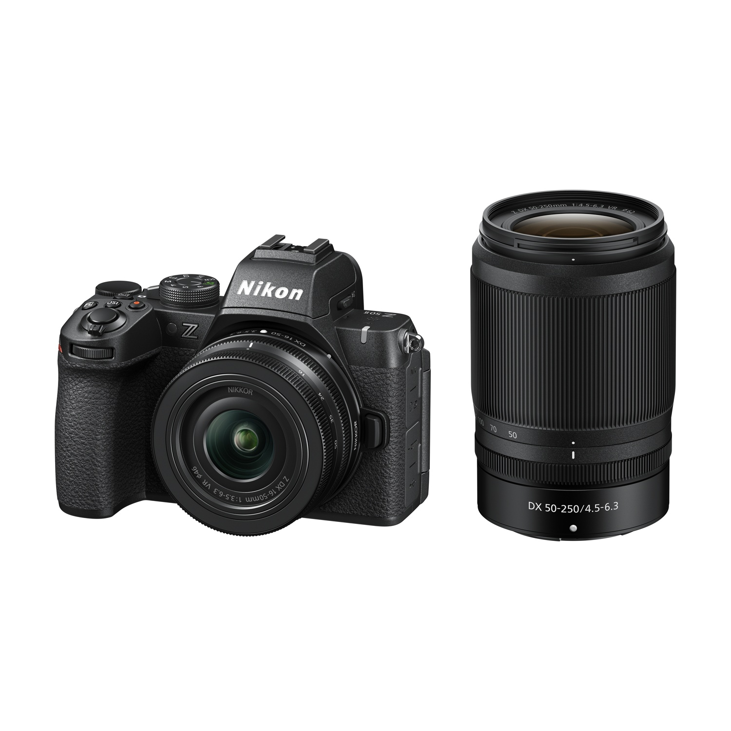 Una cámara Nikon negra con un lente al lado.