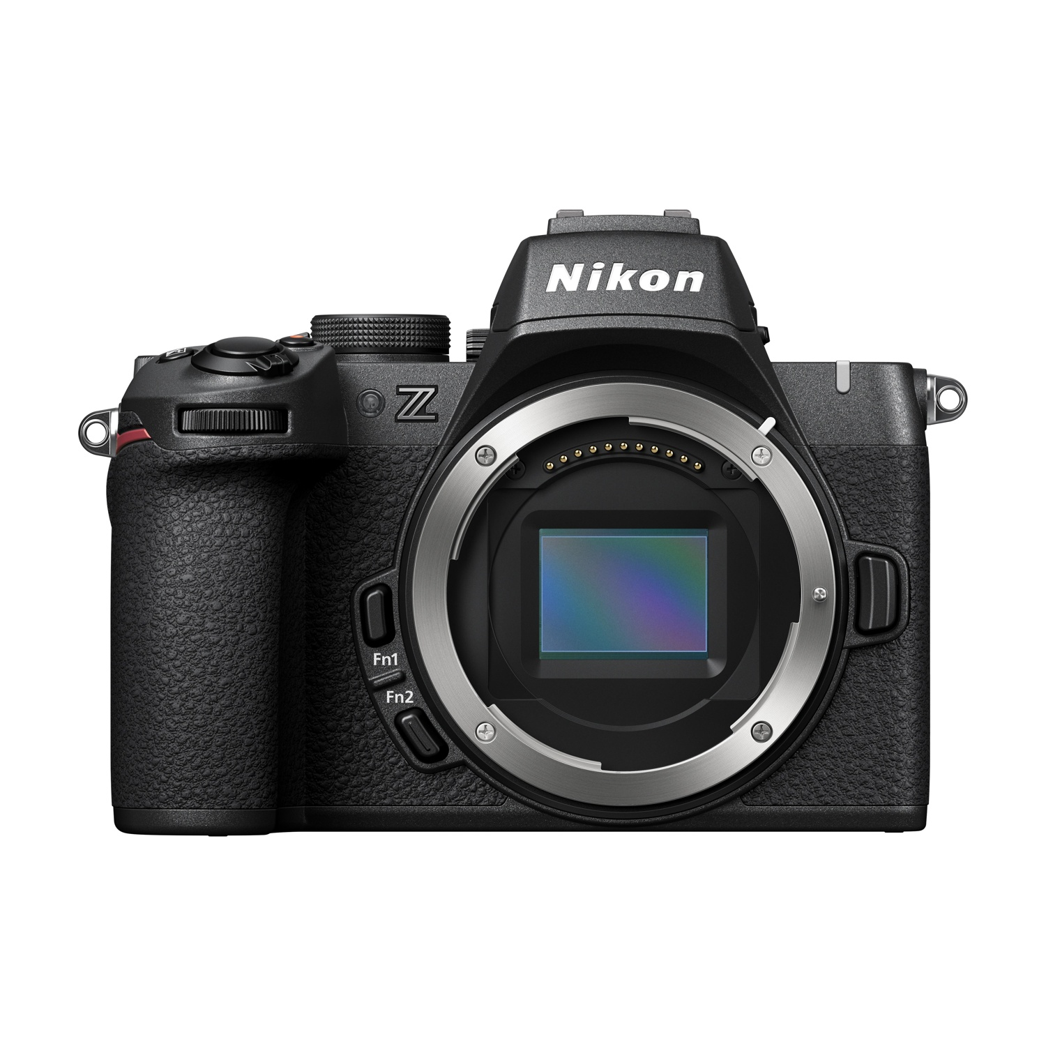 Cuerpo de cámara Nikon Z negro con montura de lente y botones sobre fondo blanco.