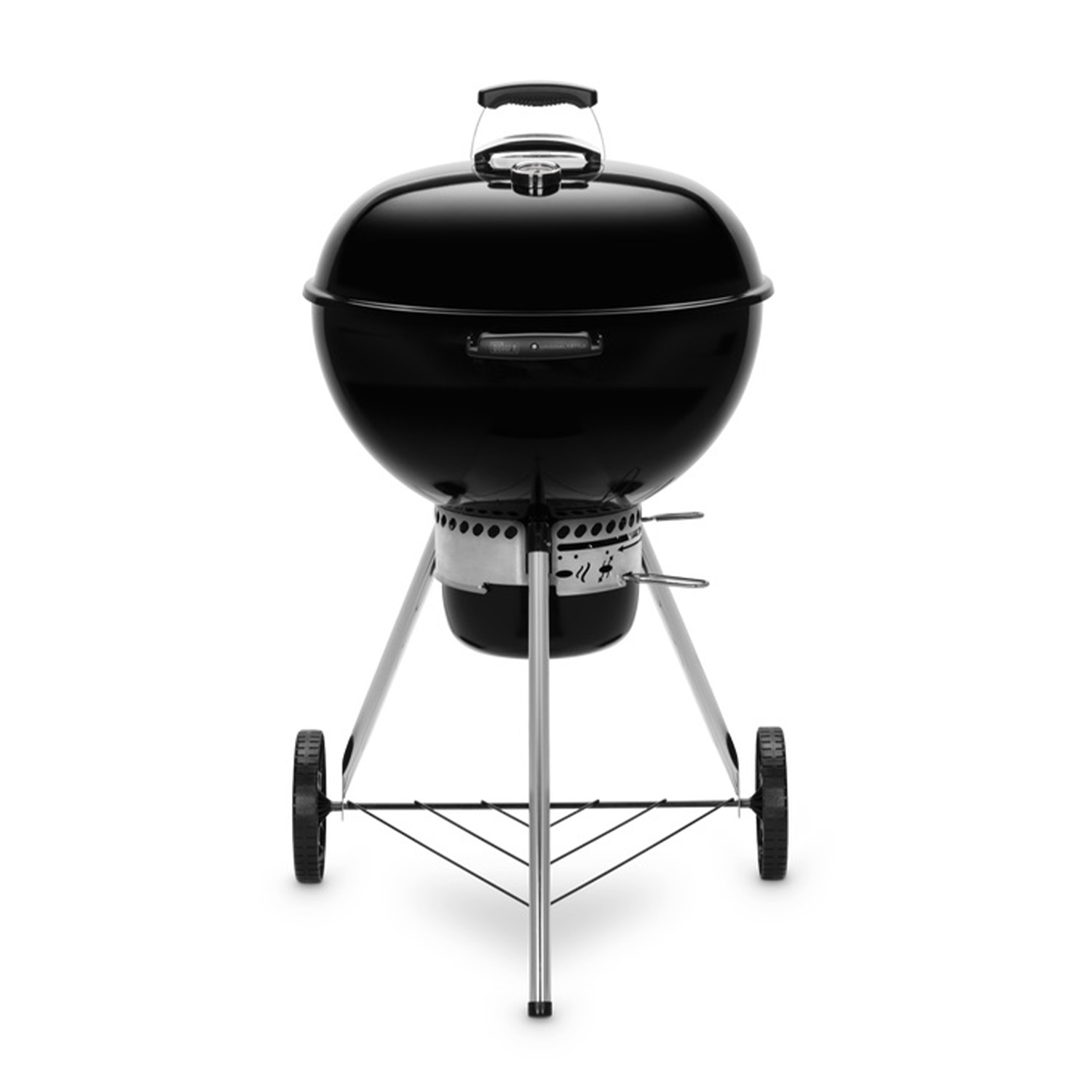 Un barbecue nero a forma di palla su ruote con gambe e manico argentati.
