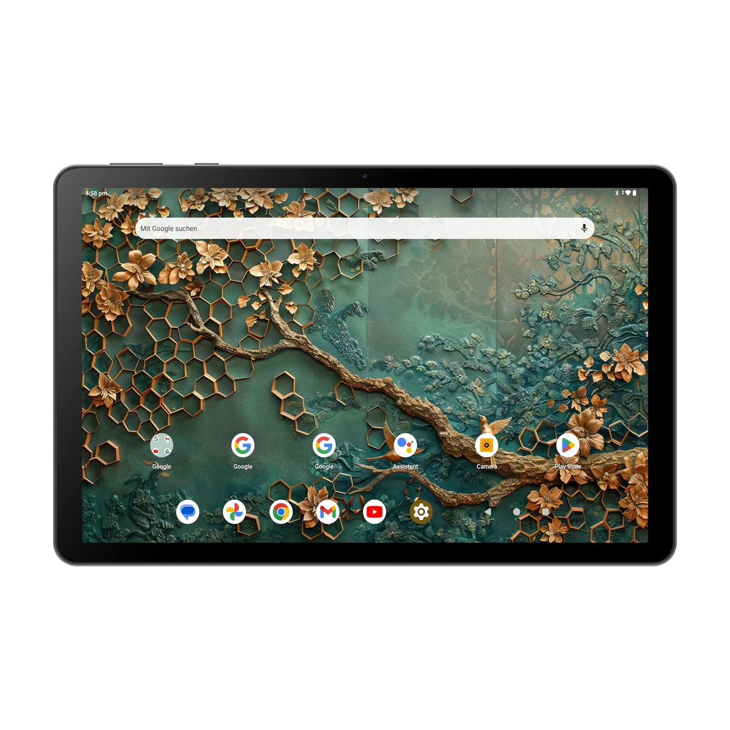 Ein Tablet mit einem kunstvollen Hintergrund und Google-Symbolen.