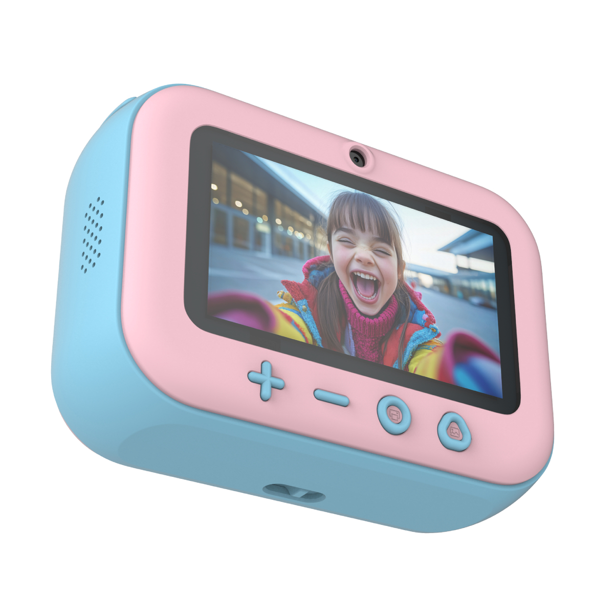 Ein pink-blaues Kinder-Kameradisplay zeigt ein lachendes Mädchen.