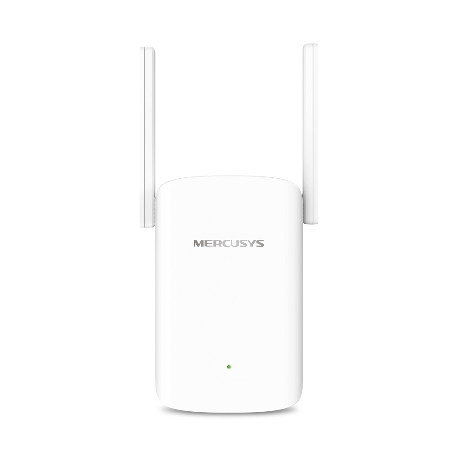 Weißer Mercusys WLAN-Repeater mit zwei Antennen und grüner Leuchtanzeige.