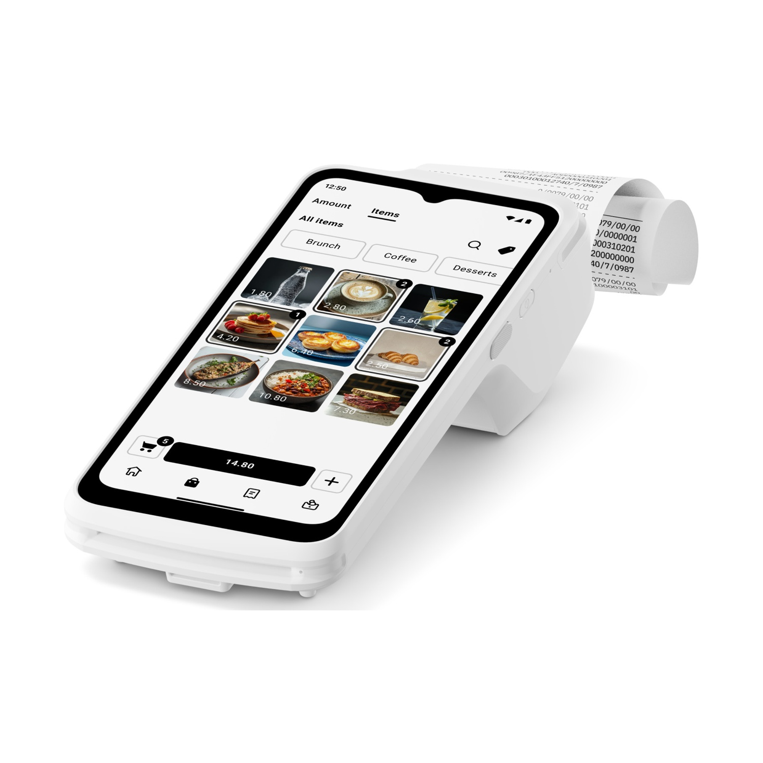 Un terminal de punto de venta blanco con pantalla táctil que muestra un menú de comida.