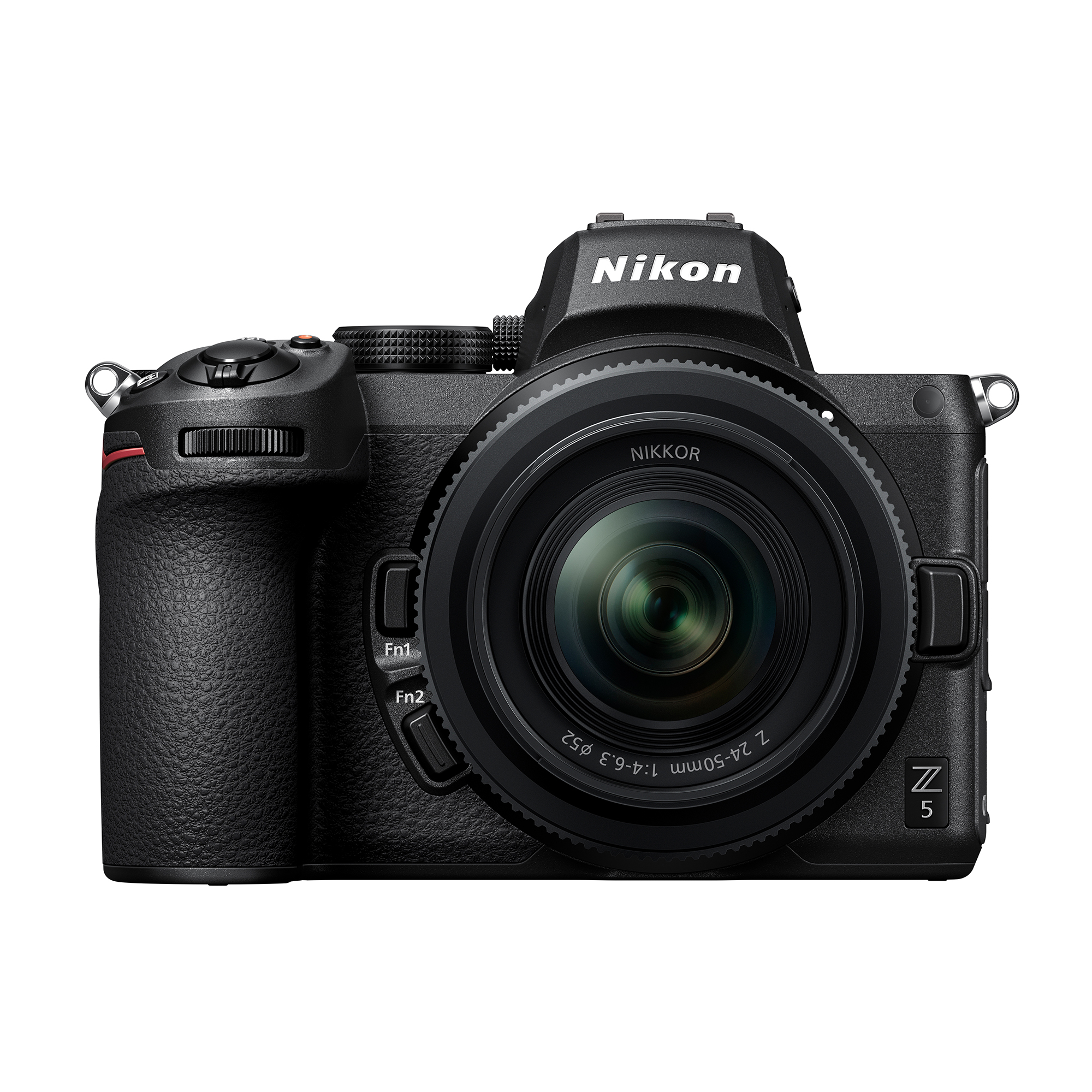 Schwarze Nikon Z 5 Kamera mit 24-50mm Objektiv, isoliert auf weißem Hintergrund.