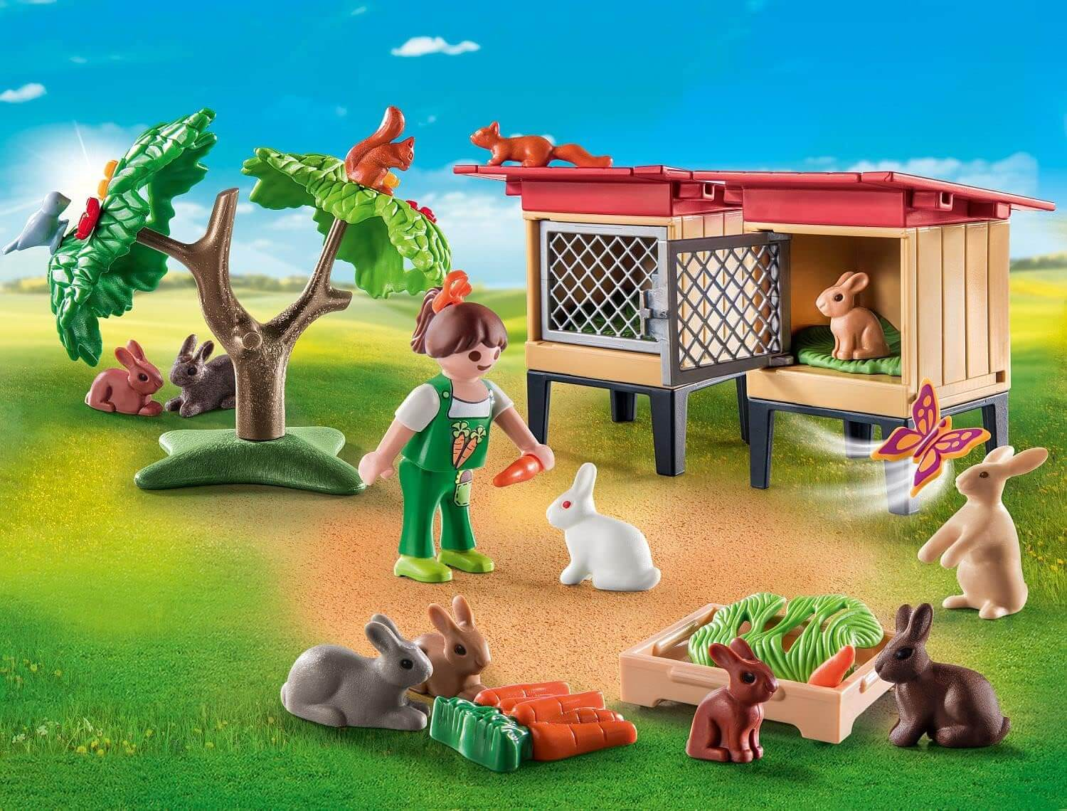Ein Mädchen kümmert sich um Kaninchen und Eichhörnchen in einem Gehege und Baum.