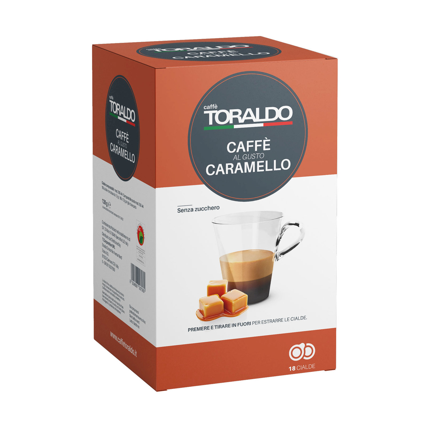 Una confezione di cialde caffè caramello ToraLDO con tazza caffè e pezzi di caramello.