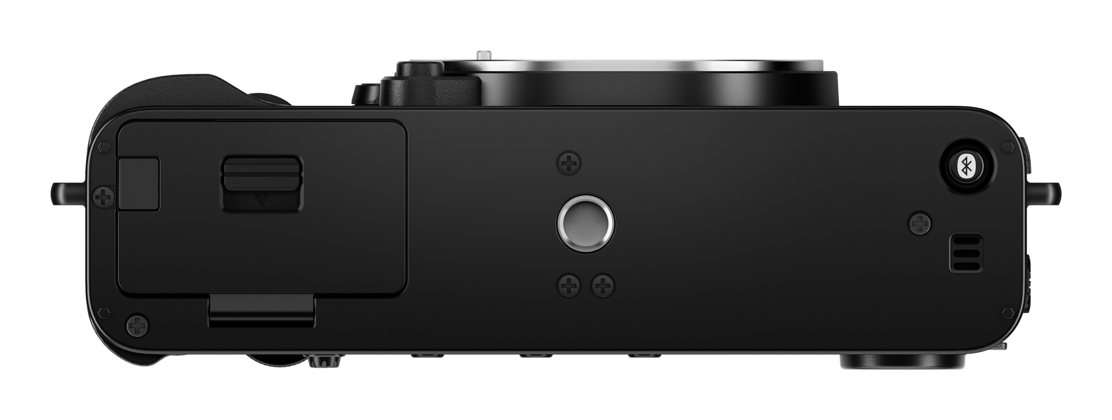 Vista superior de una cámara negra con hueco, botones y símbolo Bluetooth.