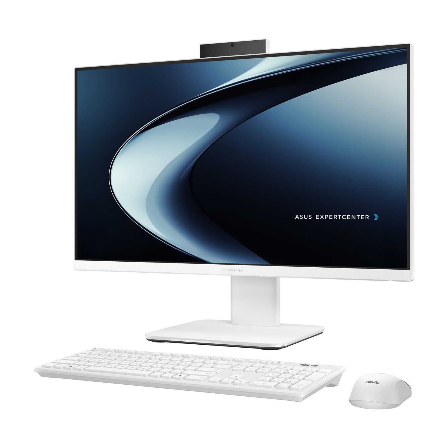 Computer all-in-one bianco con tastiera e mouse su sfondo bianco.