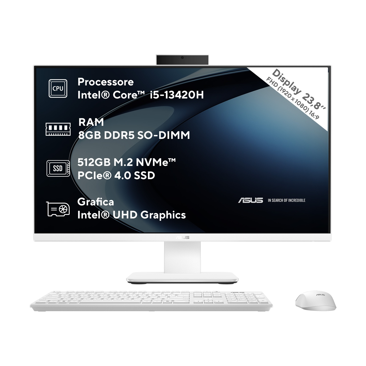PC All-in-One bianco con display da 23,8 pollici, tastiera e mouse.