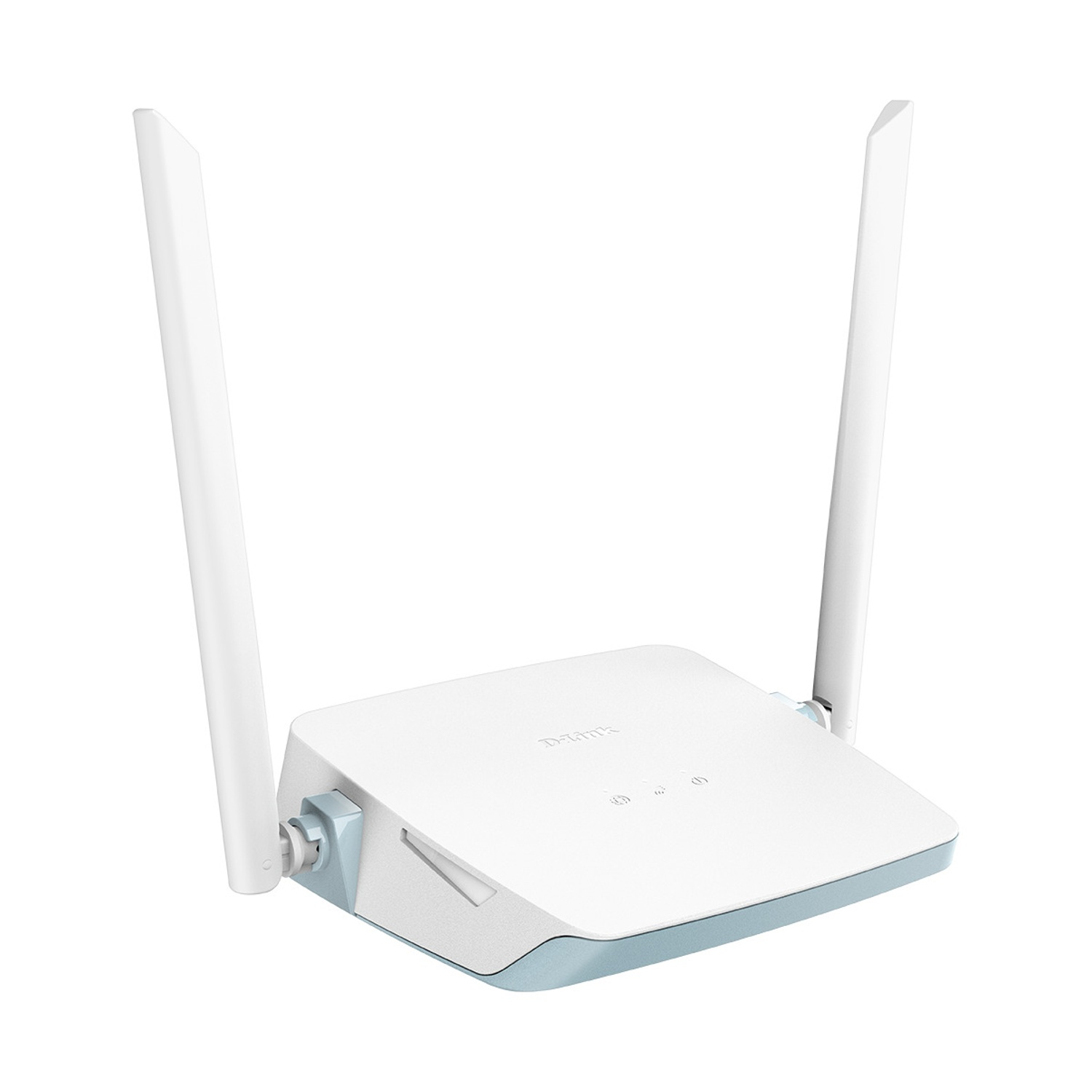 Een witte Wi-Fi router met twee antennes, geïsoleerd op witte achtergrond.