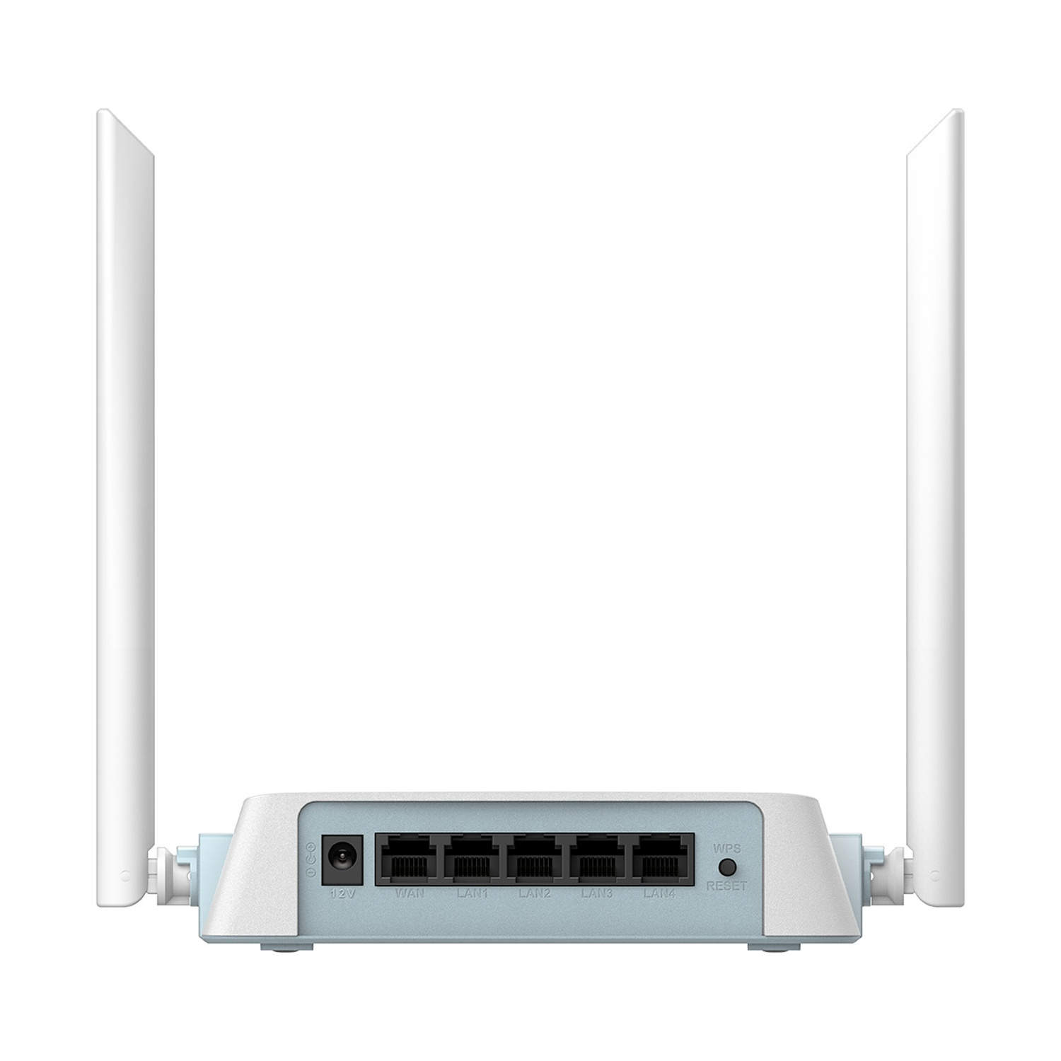 Een witte router met twee antennes. Poorten: 12V, WAN, LAN1-4, WPS, Reset.