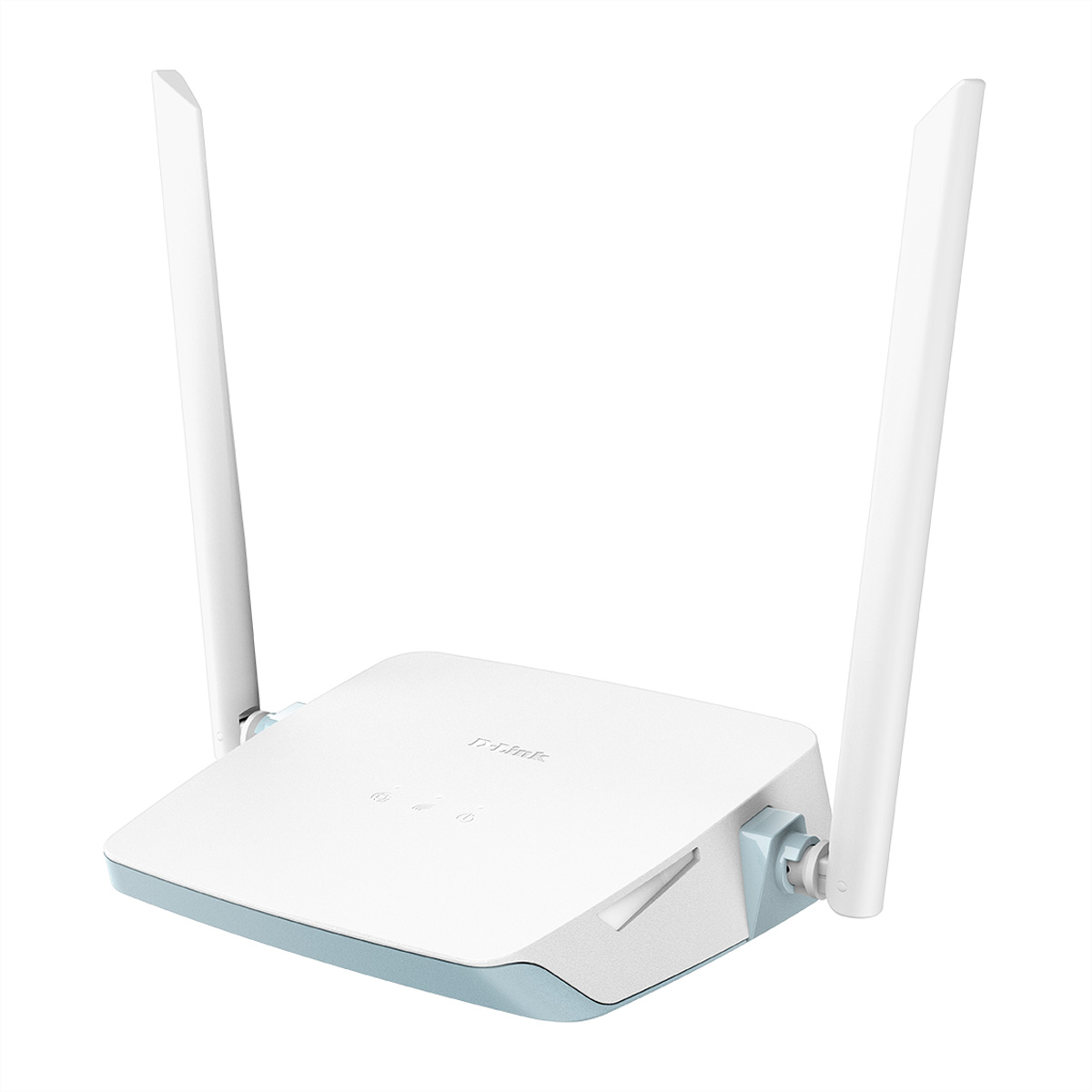 Een witte Wi-Fi router met twee antennes en een blauwe accent.