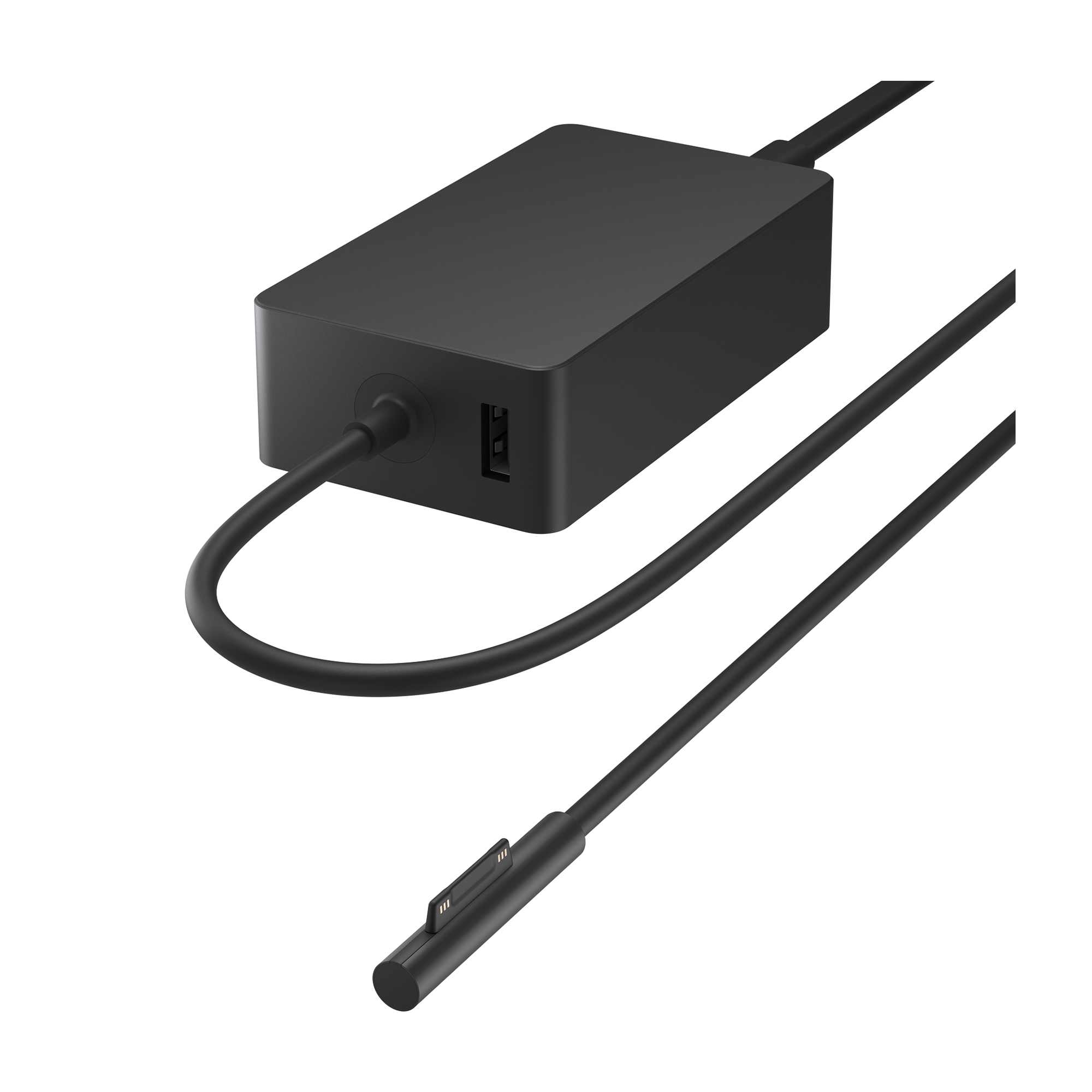 Adattatore di alimentazione nero con porta USB e cavo di ricarica magnetico.