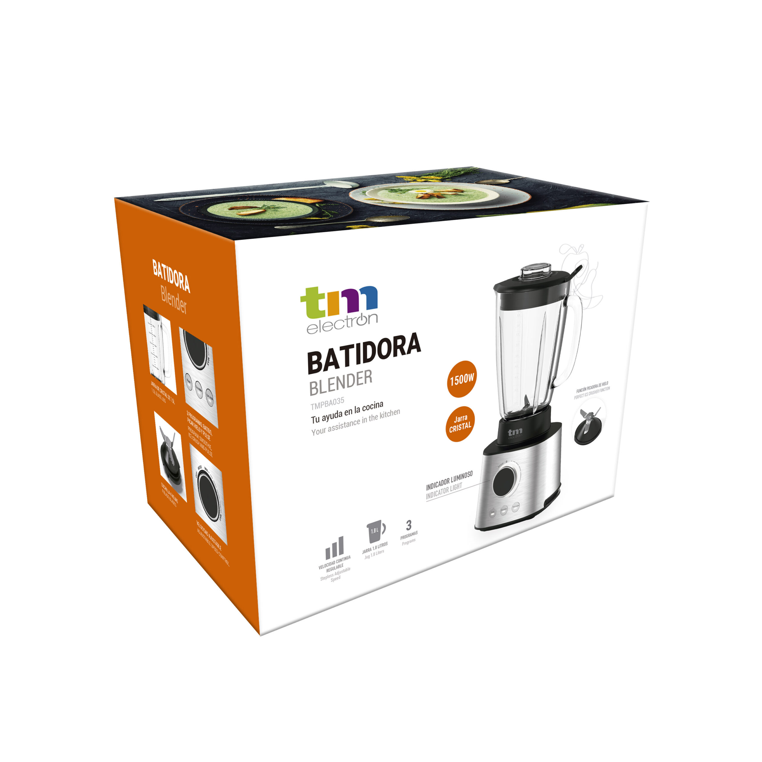 Verpackung eines silbernen Mixers mit Glasbehälter und schwarzen Elementen. Produktinfos auf orangefarbenem Hintergrund.
