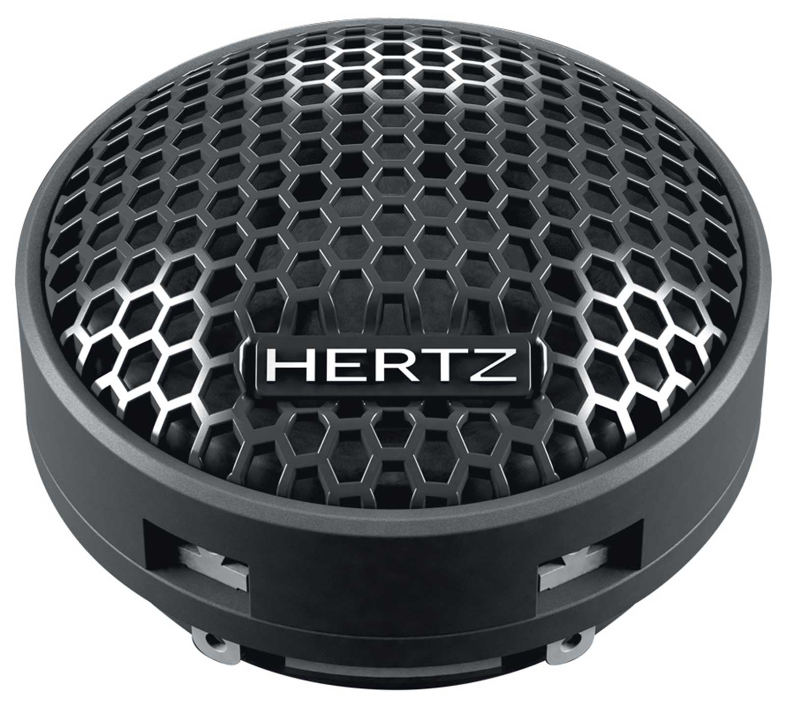 Schwarzer Hochtöner mit sechseckigem Gitter und HERTZ-Logo.