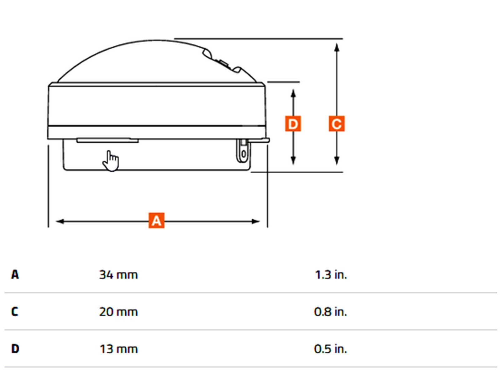 Technische Zeichnung mit Maßen A=34mm, C=20mm, D=13mm.