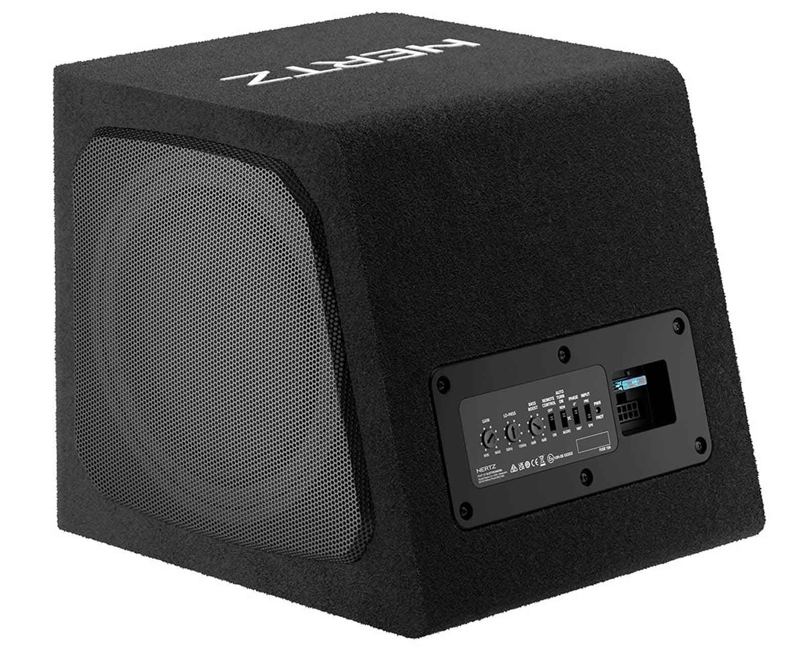 Schwarzer Subwoofer mit Hertz-Logo, Gitter und Bedienelementen.