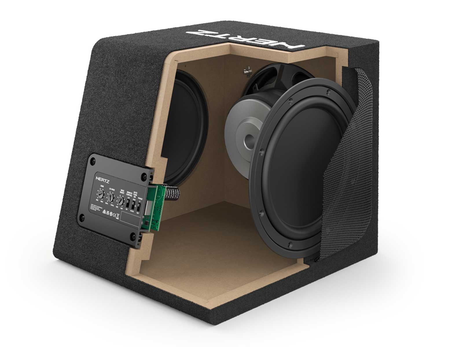 Ein aufgeschnittener Subwoofer mit zwei Lautsprechern und Elektronik.