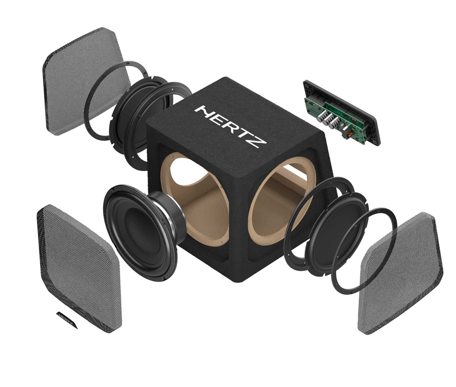 Explodierte Ansicht eines Hertz-Subwoofers mit abnehmbaren Teilen.