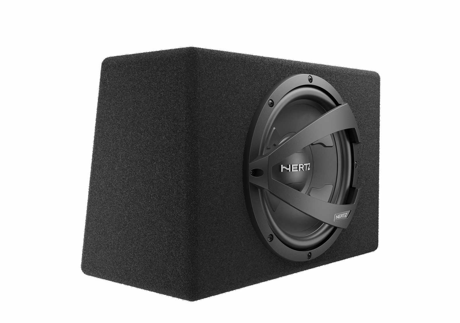 Schwarzer Subwoofer mit Hertz-Logo im Gehäuse. Weißer Hintergrund.