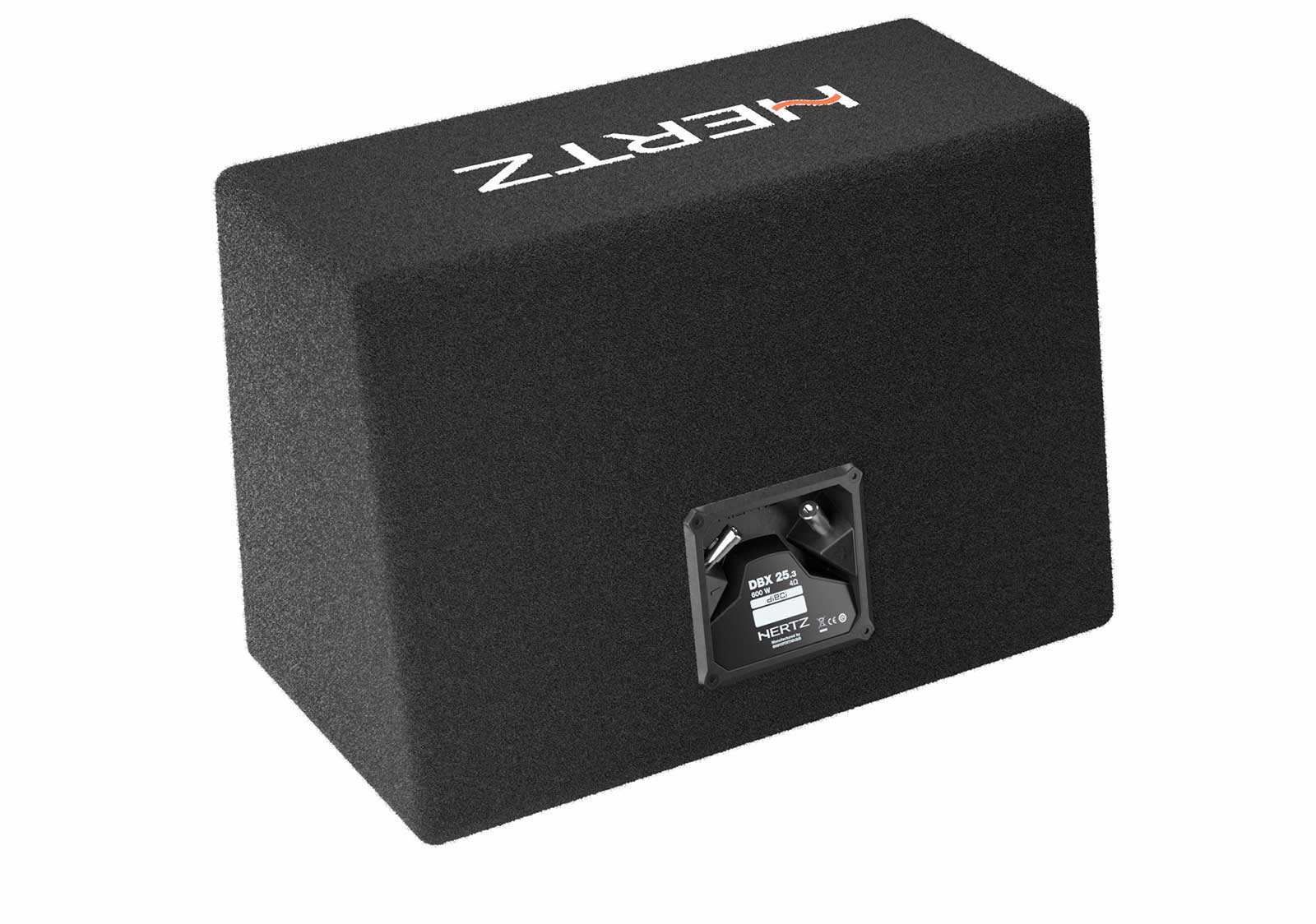 Schwarzer Subwoofer mit Hertz-Logo oben und Anschlussplatte hinten.