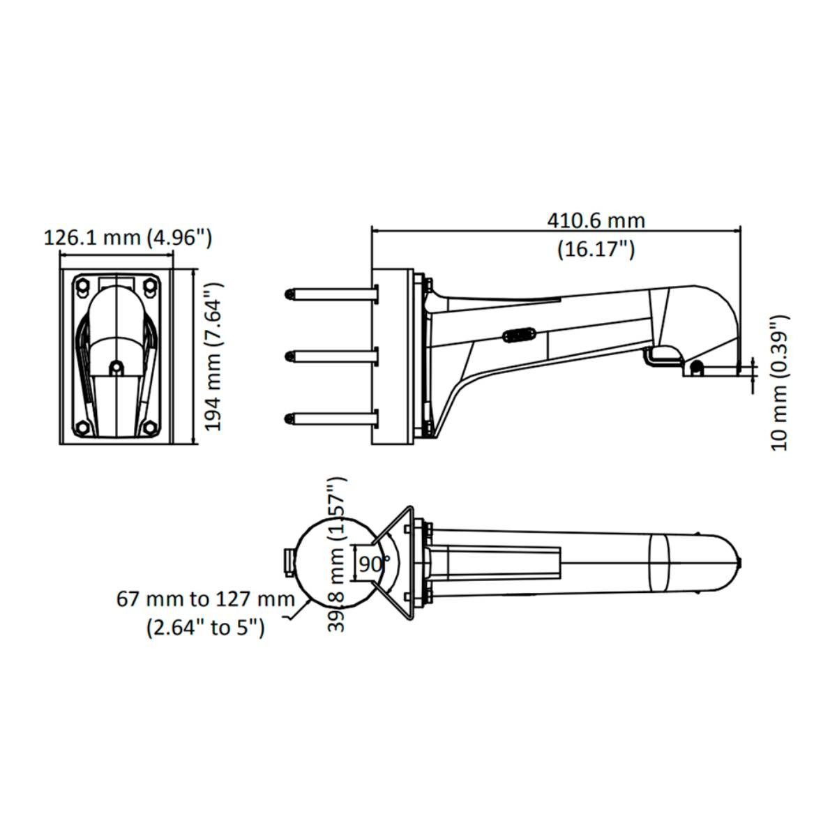 Disegno tecnico di un componente con dimensioni in mm e pollici.