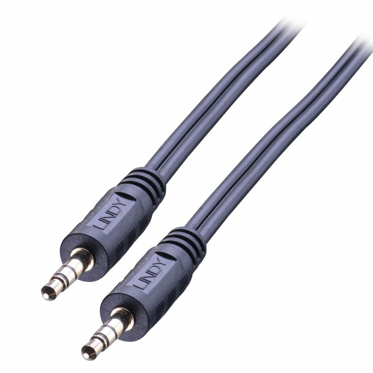 Due cavi audio LINDY da 3,5 mm con connettori neri, su sfondo bianco.