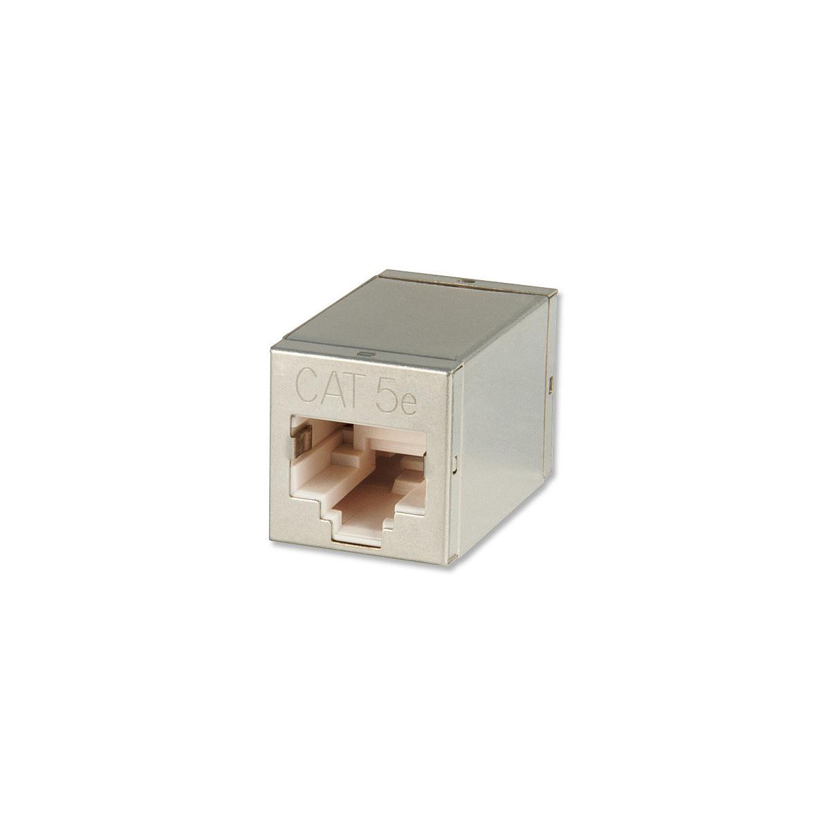 Connettore keystone CAT 5e argentato con porte bianche.