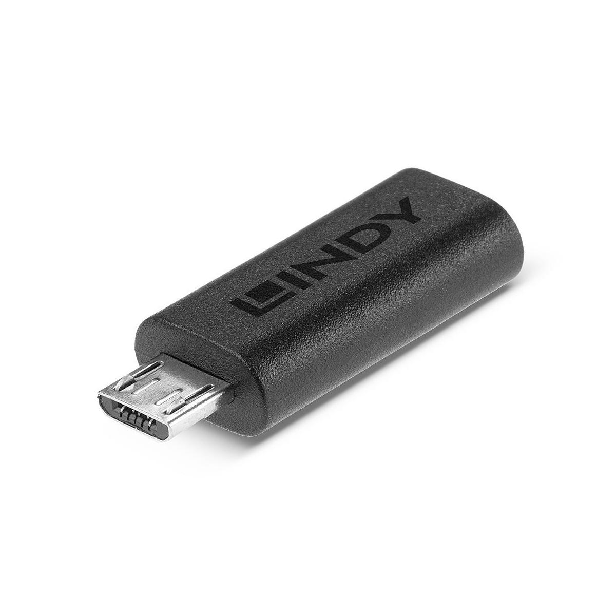 Adattatore USB nero con logo LINDY, primo piano.