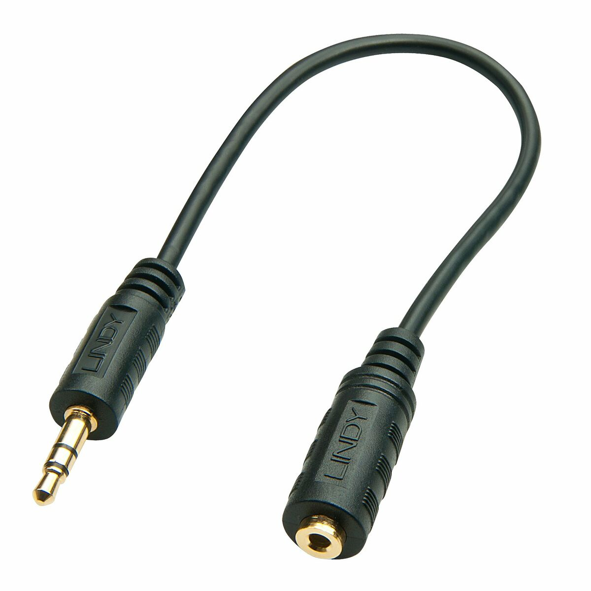 Un cavo adattatore audio Lindy nero con spina maschio e jack femmina da 3,5 mm.