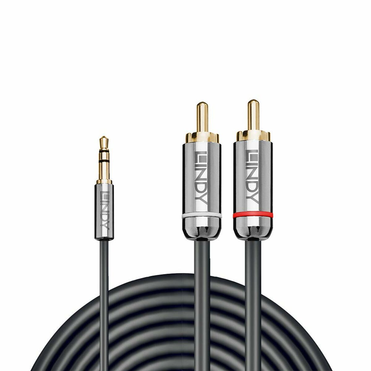 Un cavo audio nero con jack da 3,5 mm e due connettori RCA.