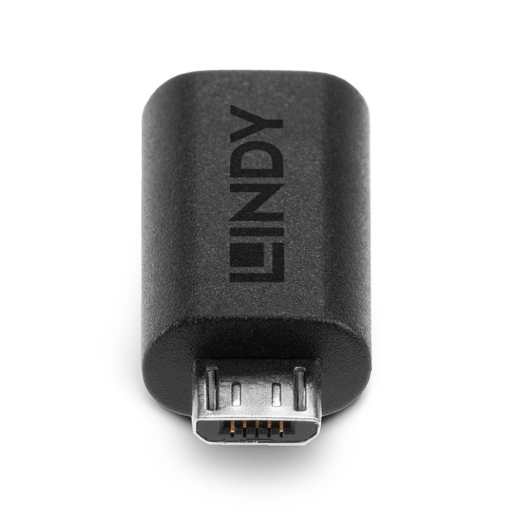Adattatore Micro-USB Lindy nero con contatti visibili.