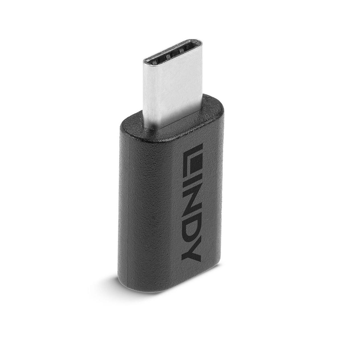 Un adattatore USB-C nero con connettore argentato e logo LINDY.