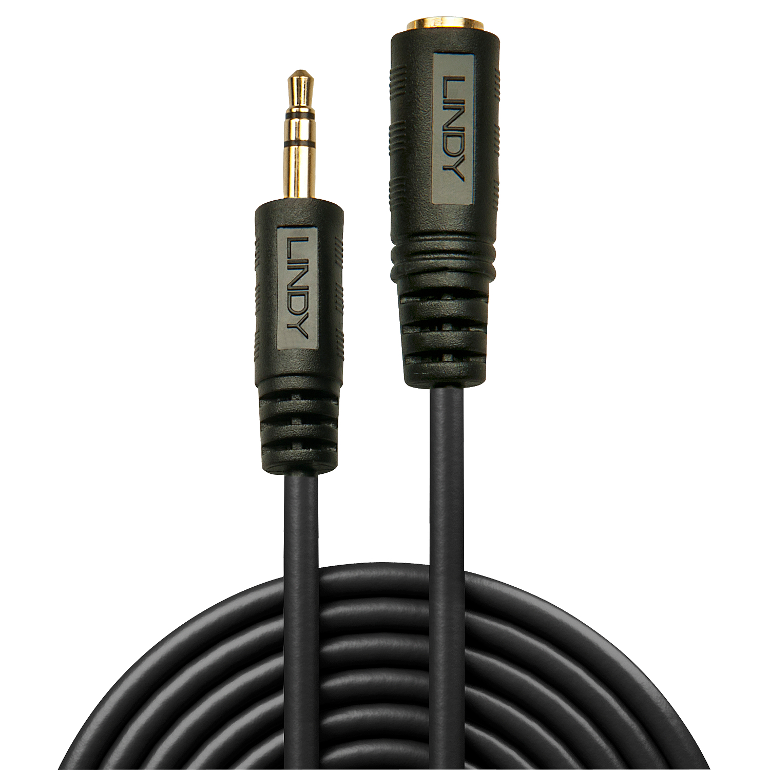 Un cavo audio nero Lindy con connettori maschio e femmina da 3,5 mm.
