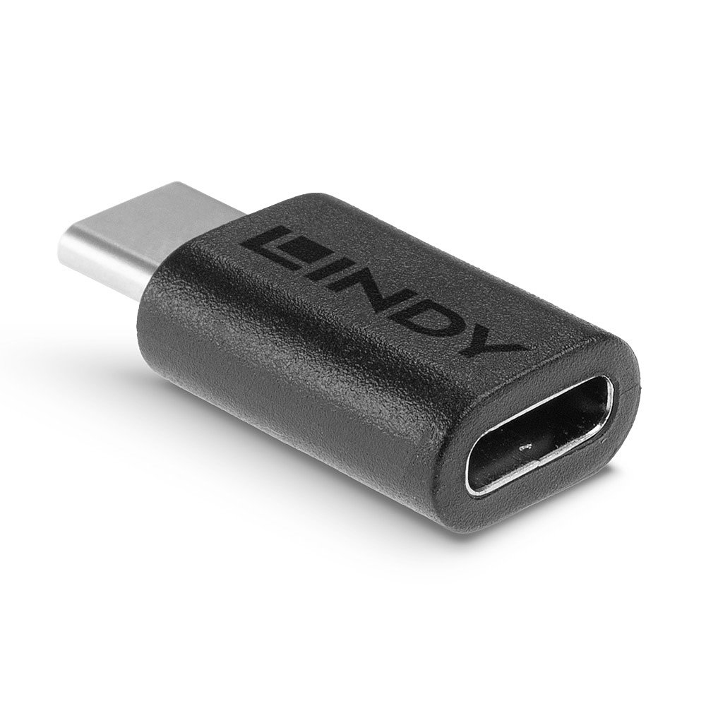 Adattatore Lindy da USB-C a USB-A nero su sfondo bianco.