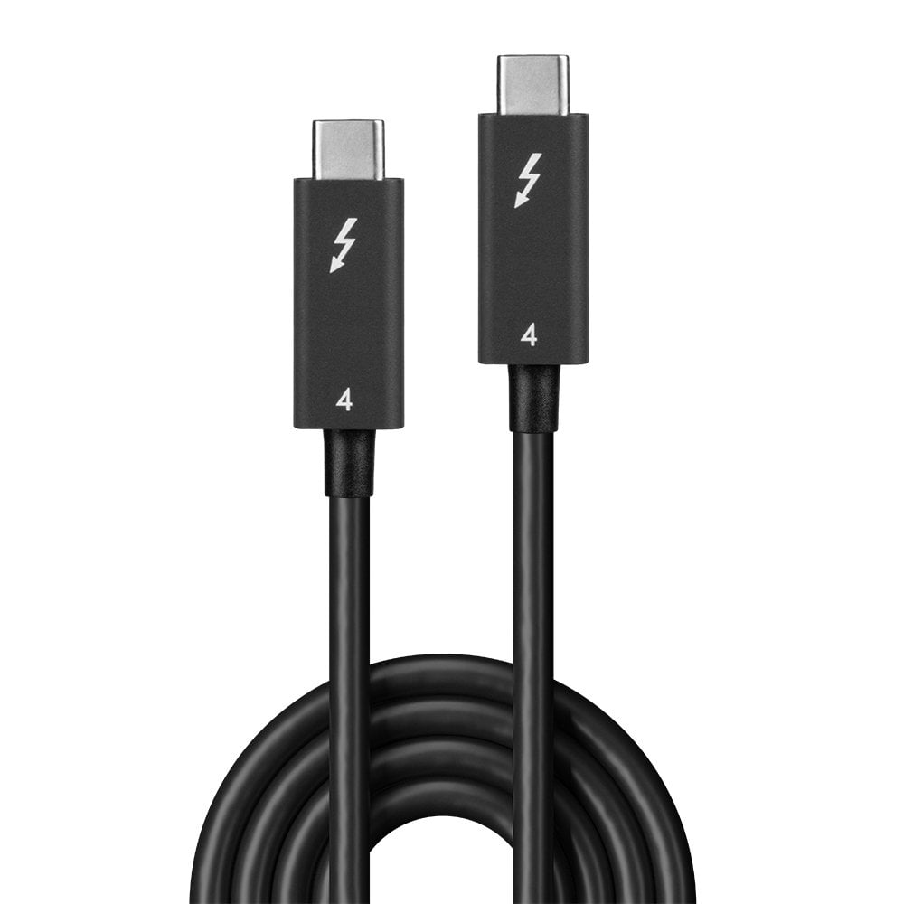 Due cavi Thunderbolt 4 neri con simbolo fulmine e numero 4.