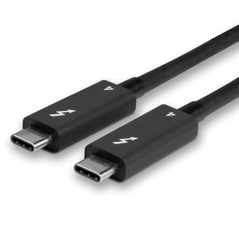 Due cavi Thunderbolt neri con connettori USB-C poggiano su uno sfondo bianco.
