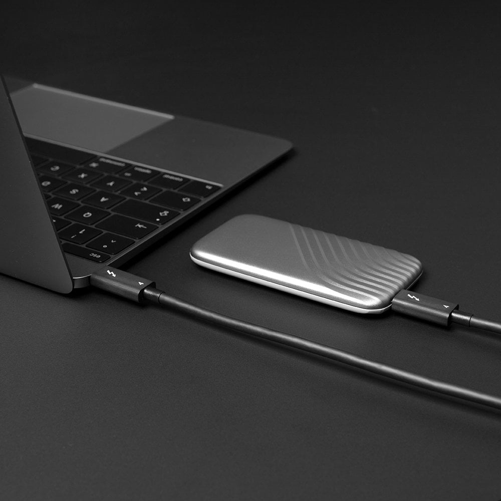 Un disco esterno argentato si collega a un laptop tramite cavo nero.