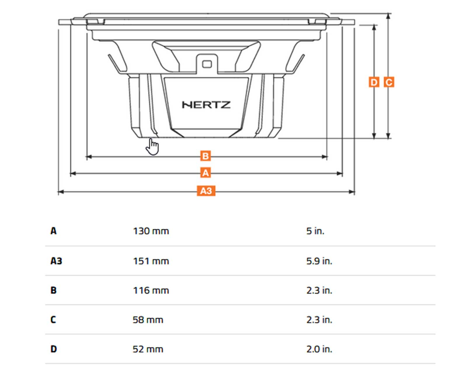 Technische Zeichnung eines Hertz-Subwoofers mit Maßen A, B, C, D.