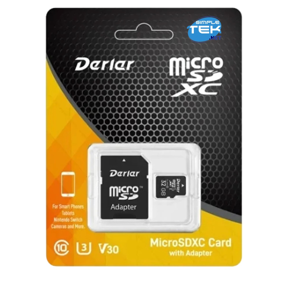 Verpackung einer 32 GB MicroSDXC-Karte mit Adapter, Marke Derlar.