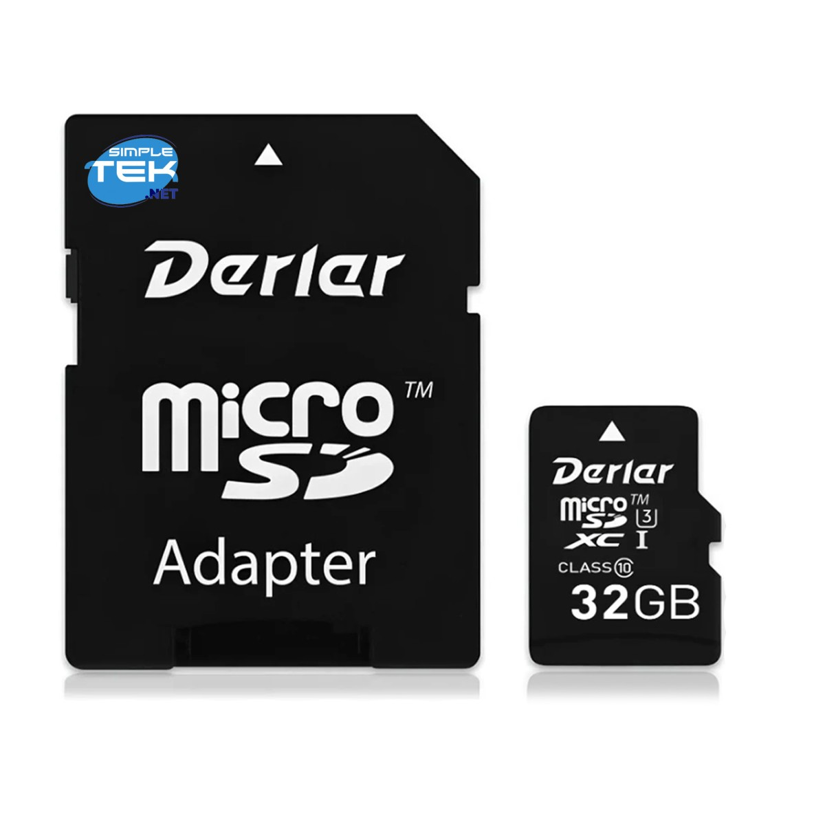 Ein schwarzer MicroSD-Adapter und eine 32GB MicroSD-Karte mit Beschriftung.