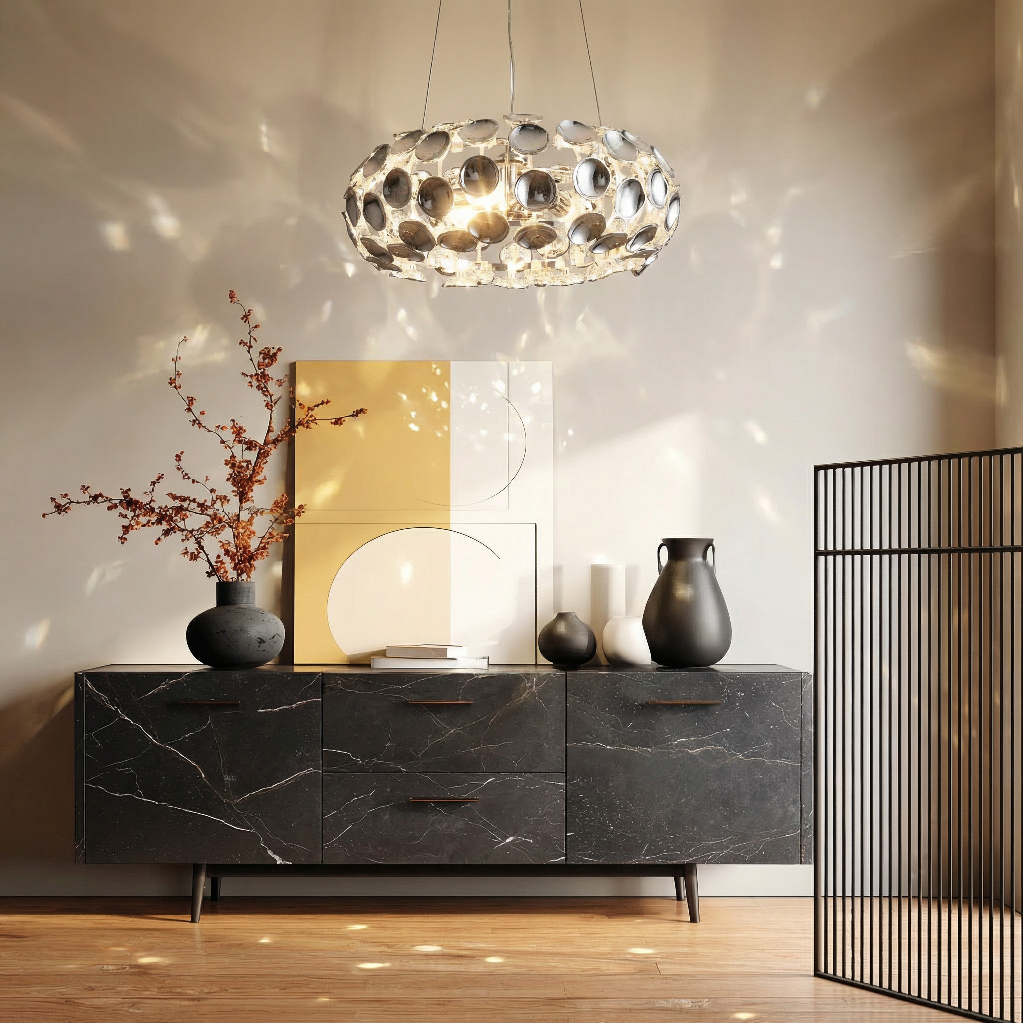 Ein schwarzes Sideboard mit Marmoroptik, darauf Vasen, Bücher und ein Zweig.
