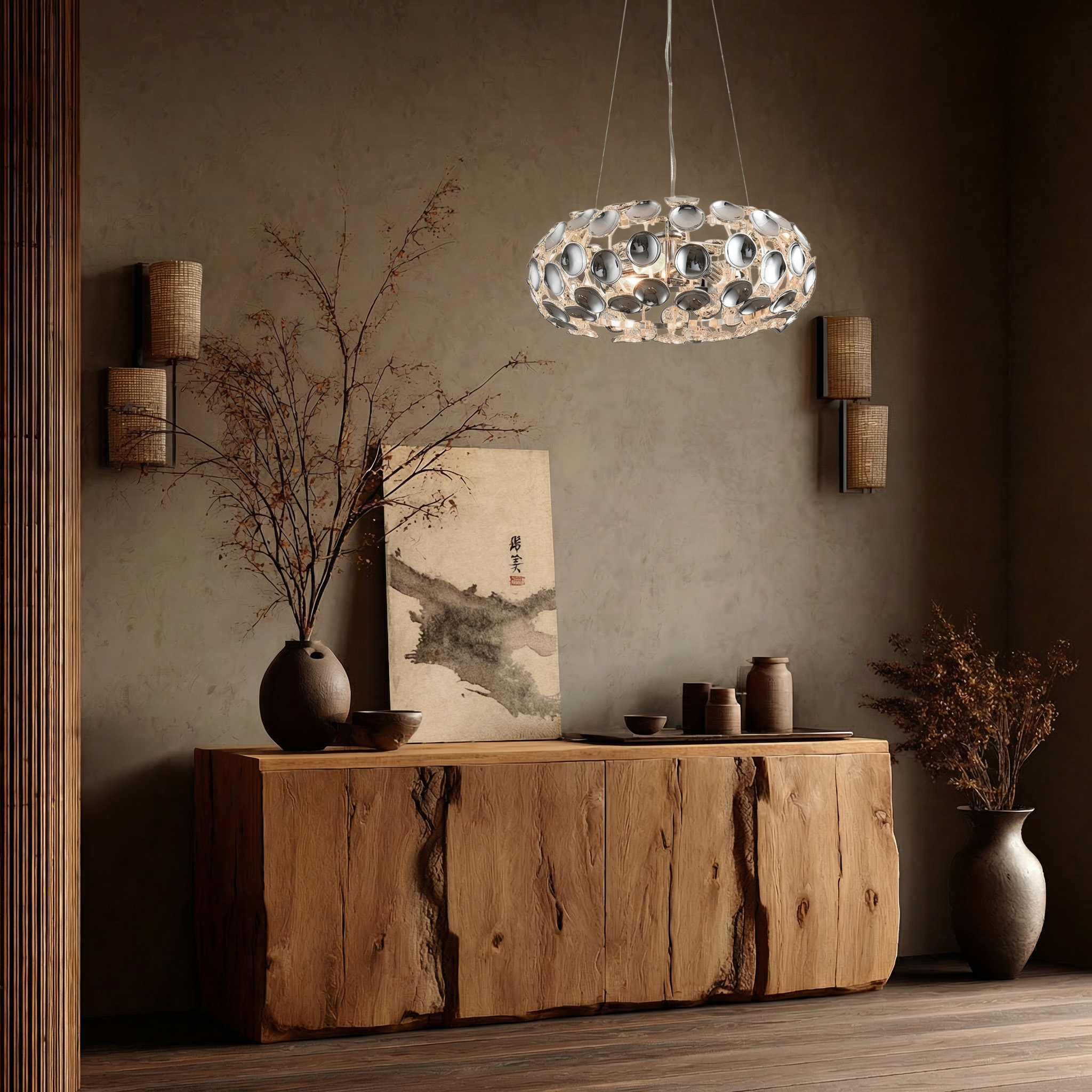 Rustikales Sideboard aus Holz mit Vase, Zweigen, Kunstwerk und Pendelleuchte.